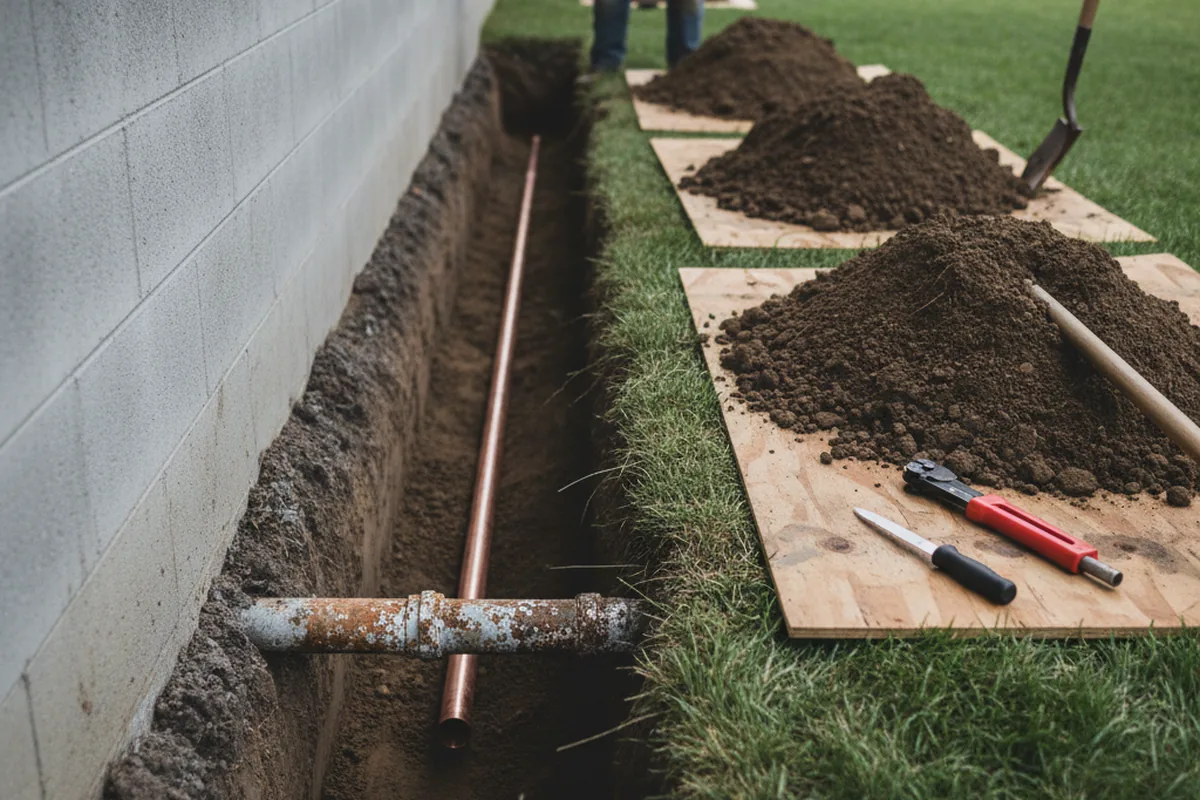 Excavated water line trench during Water Softener Installation in Loretto